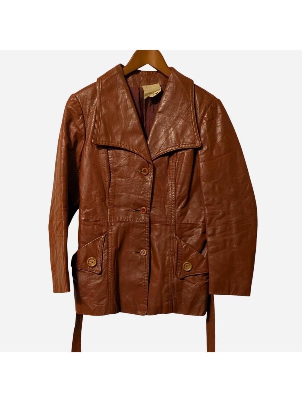 1970s Cognac Leather Belted Spy Jacket Wide Collar Vintage Women's Size S